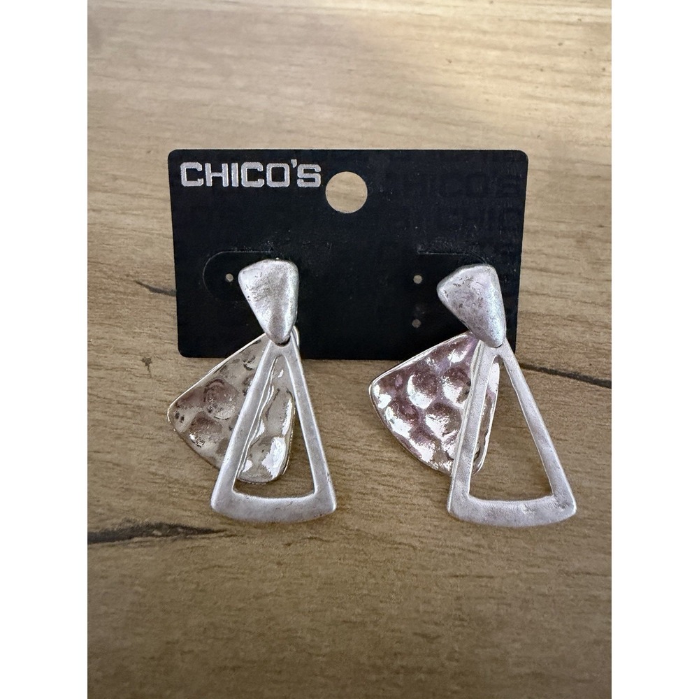 Chico's Hammered Silver Tone Geometric Triangle Double Drop Dangle Earrings